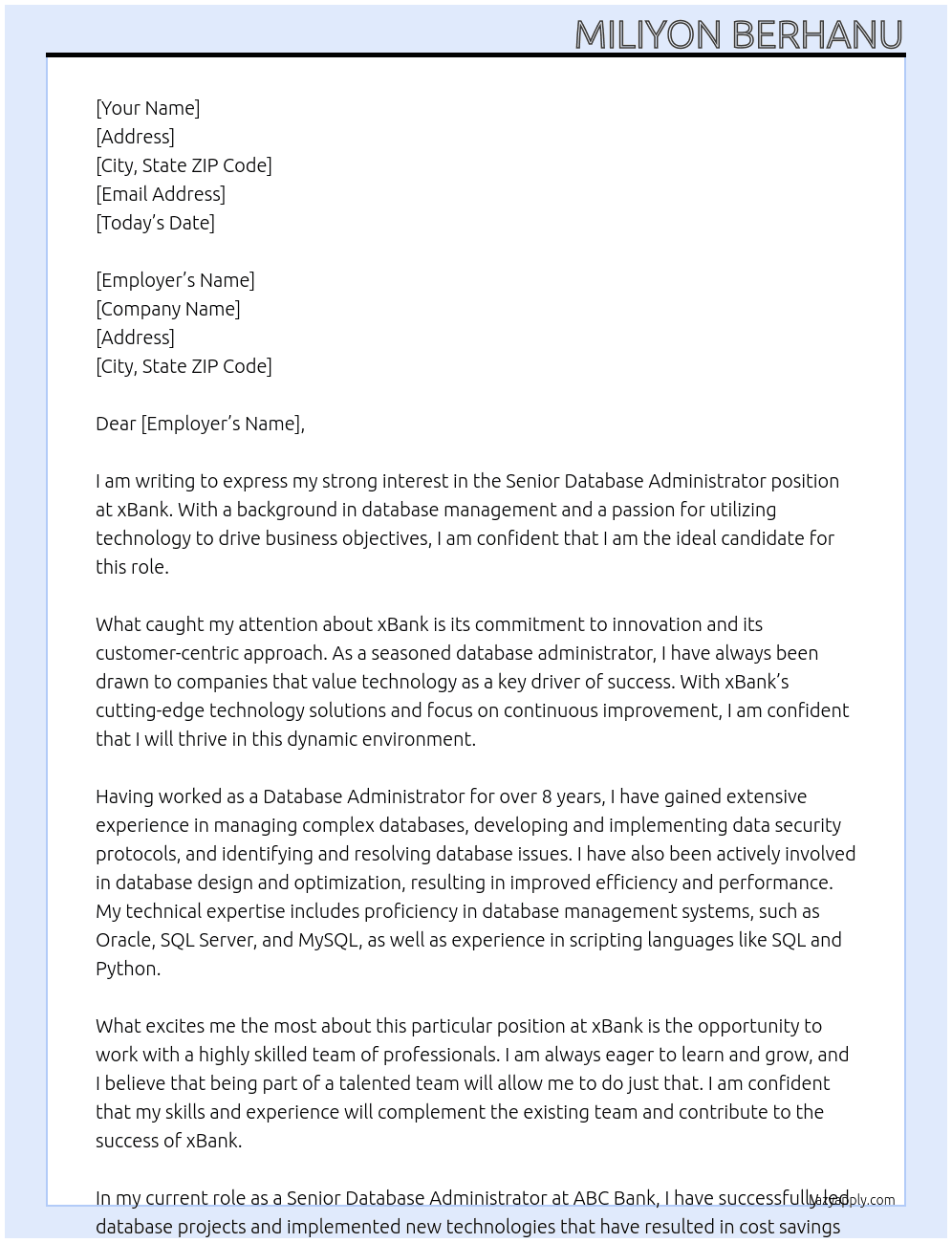 Senior  Database Administrator At xBank Cover Letter