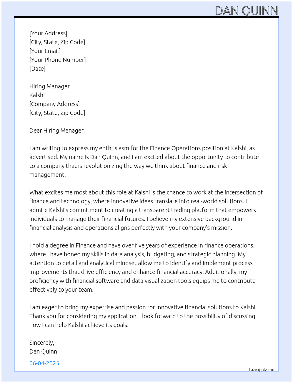 Cover letter for finance operations - LazyApply
