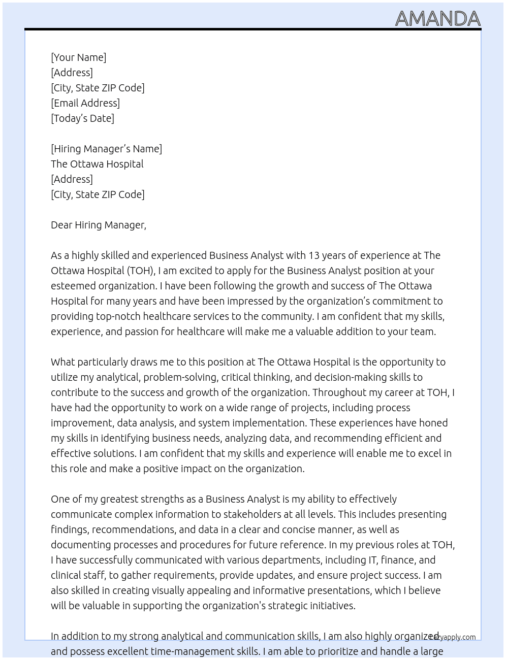 Business Analyst  At The Ottawa Hospital  Cover Letter