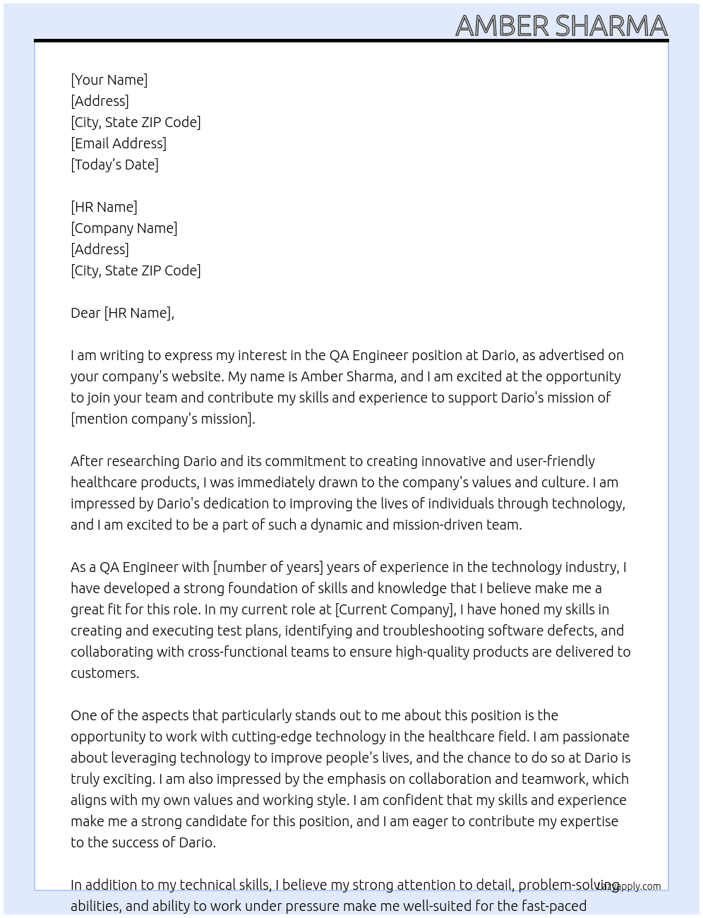 QA ENGINEER At Dario Cover Letter