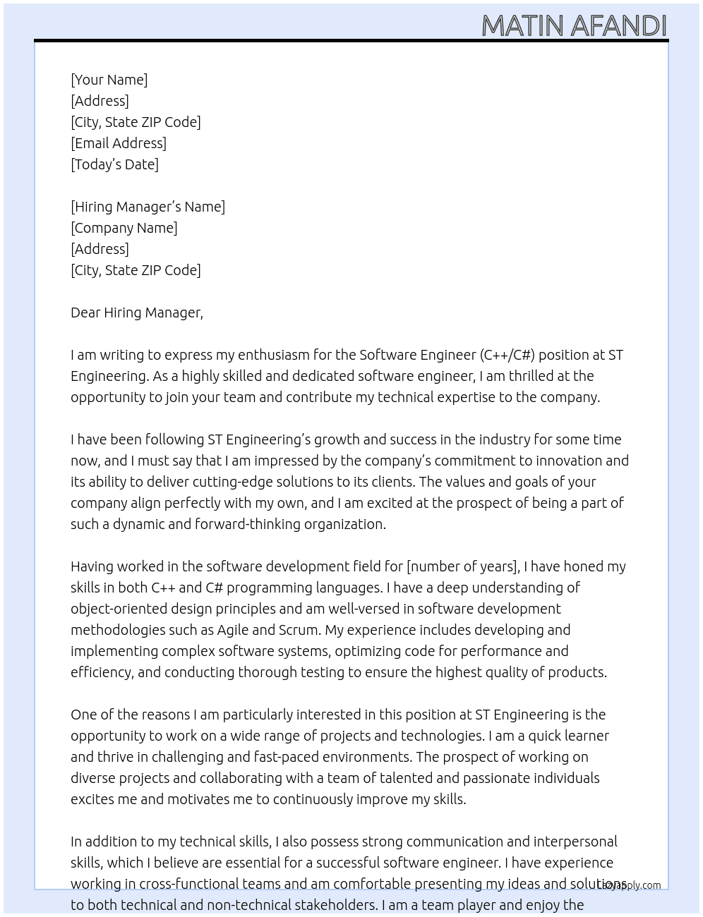 Software Enfineer (C++/C#) At ST Enginering  Cover Letter