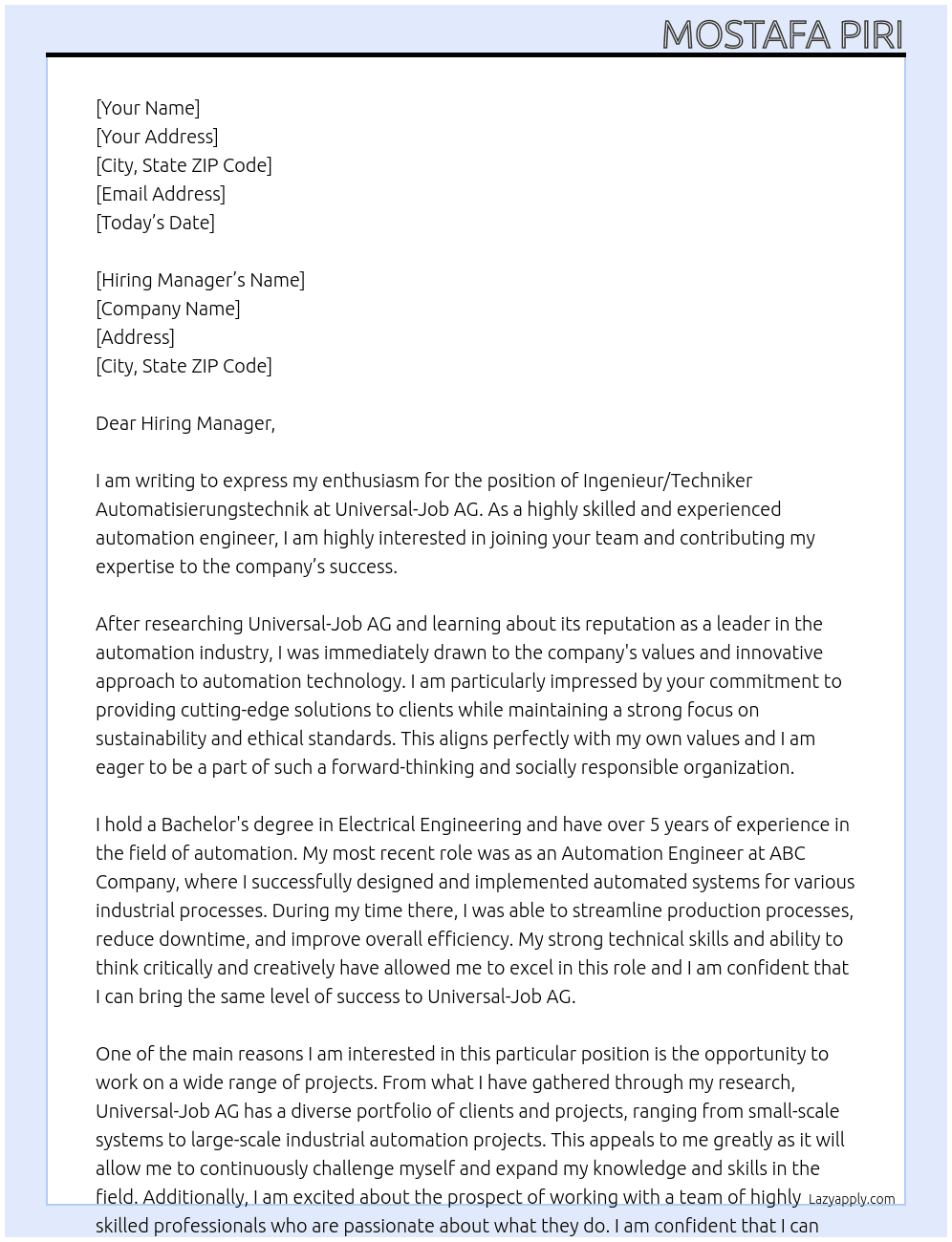 Ingenieur / Techniker Automatisierungstechnik  At Universal-Job AG  Cover Letter