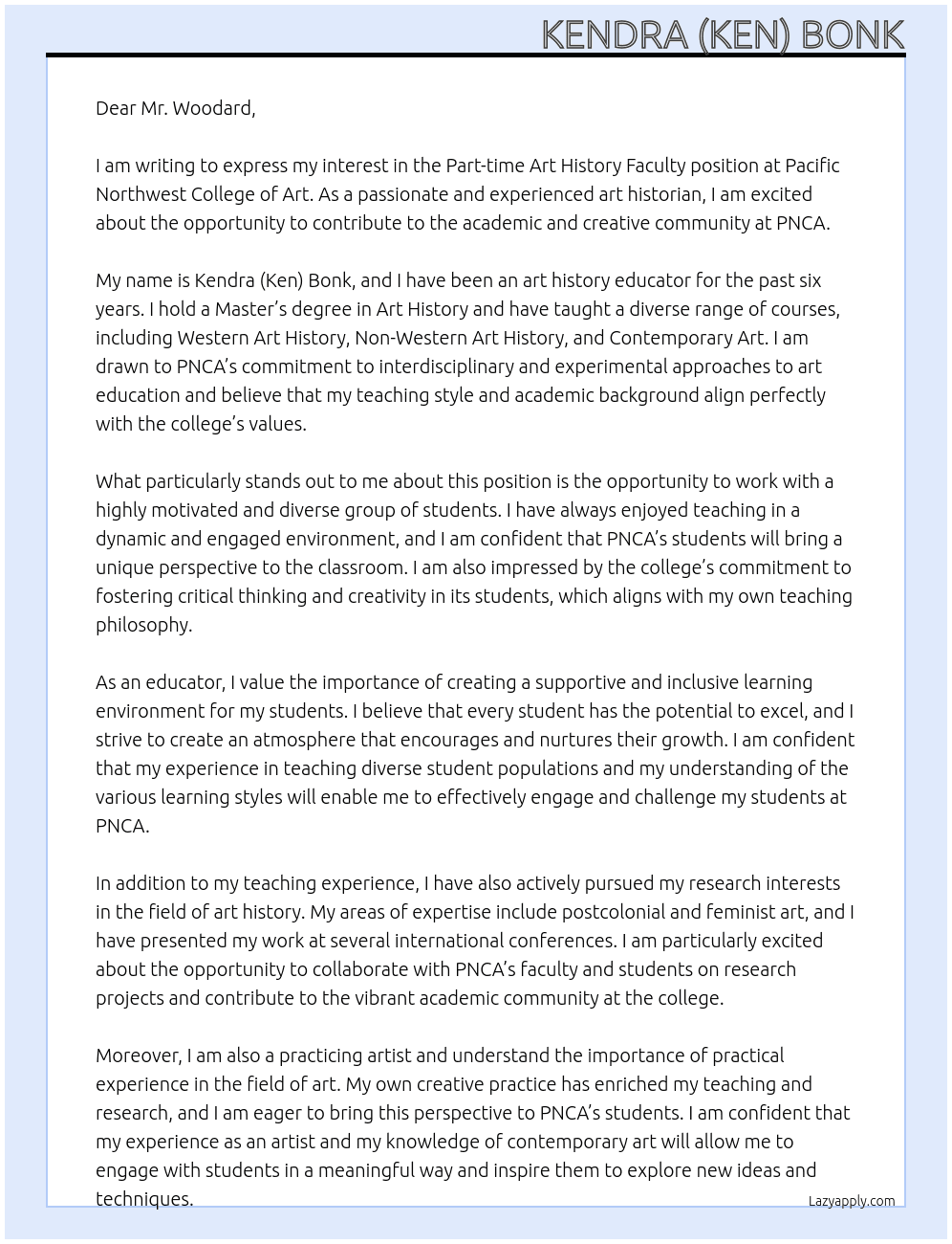 Part time Art History Faculty At Pacific Northwest College of Art Cover Letter