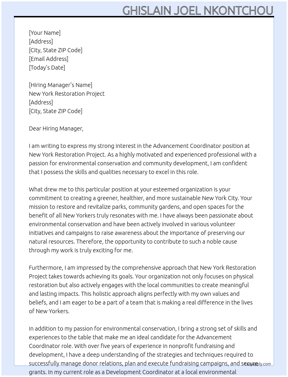 Advancement Coordinator At New York Restoration Project Cover Letter