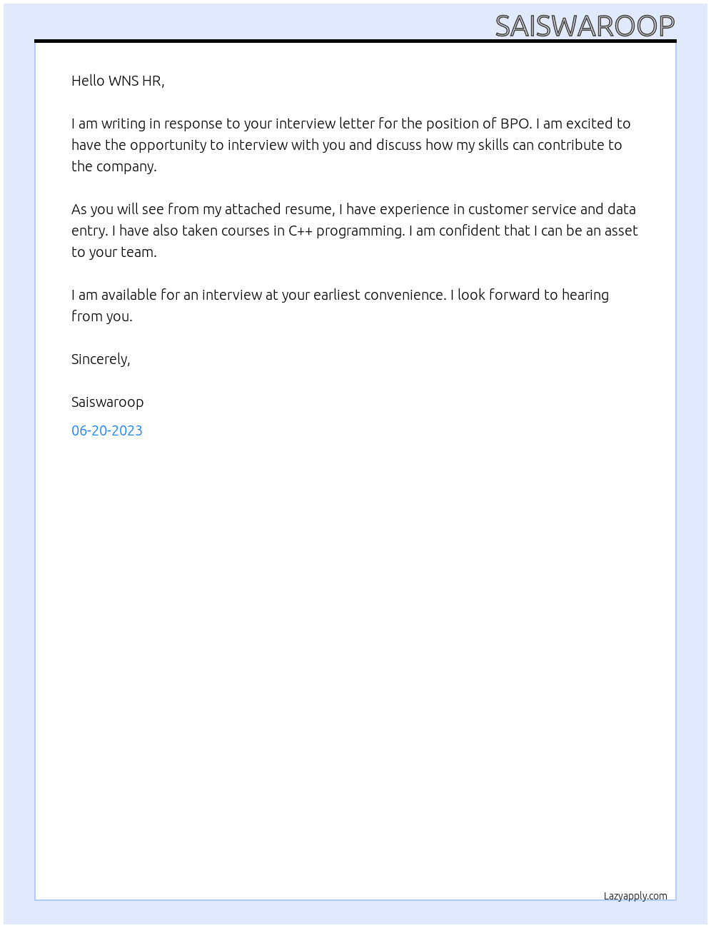 bpo At wns Cover Letter