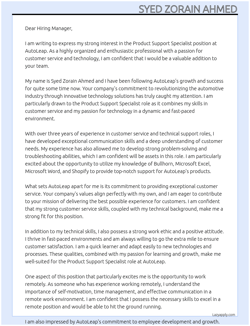 Product Support Specialist At AutoLeap Cover Letter