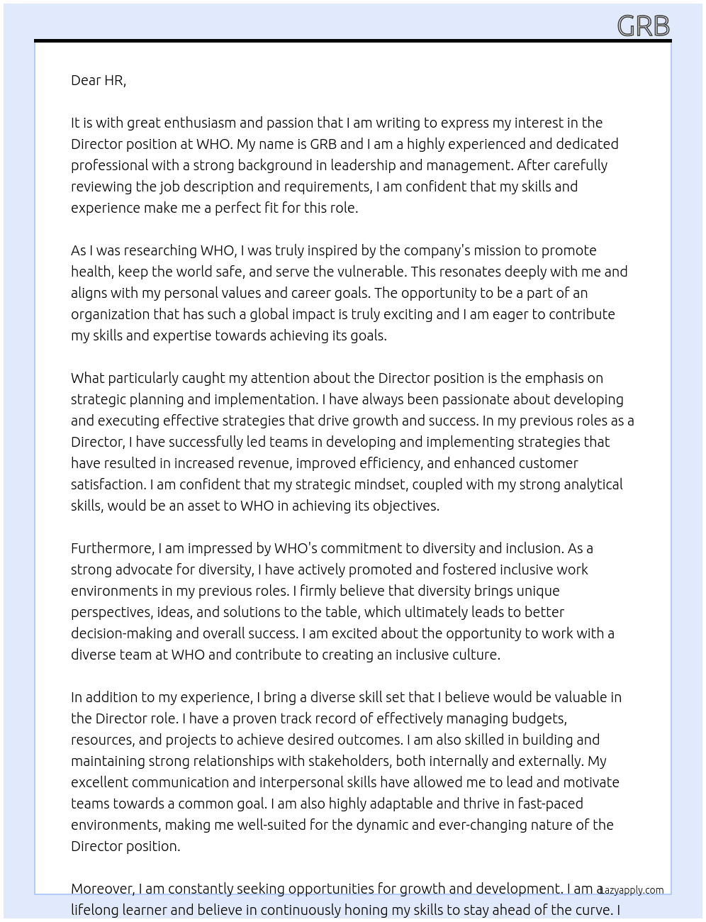 Director At WHO Cover Letter