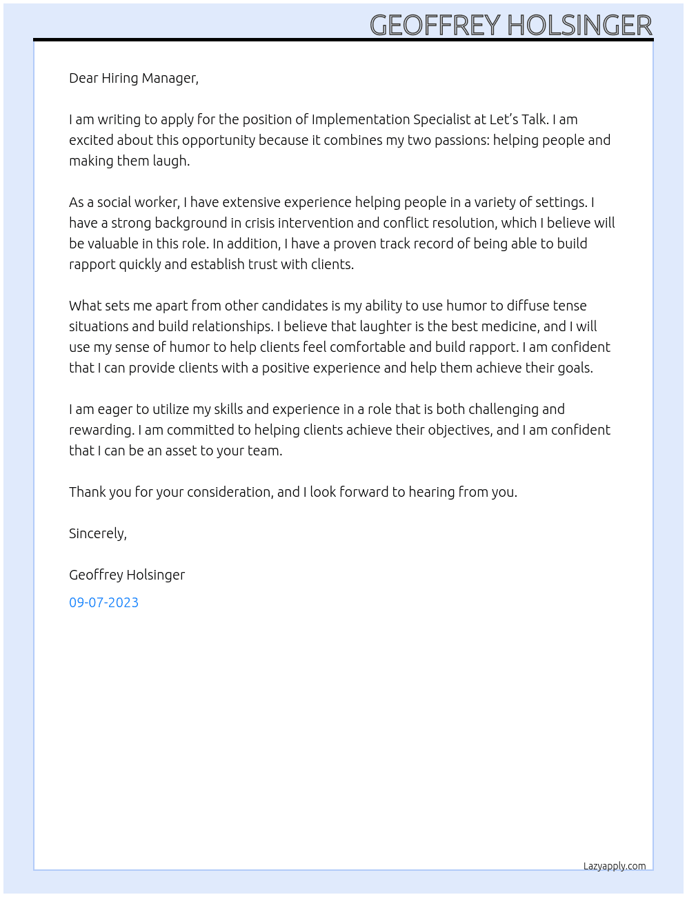 Implementation  At Let’s Talk Cover Letter