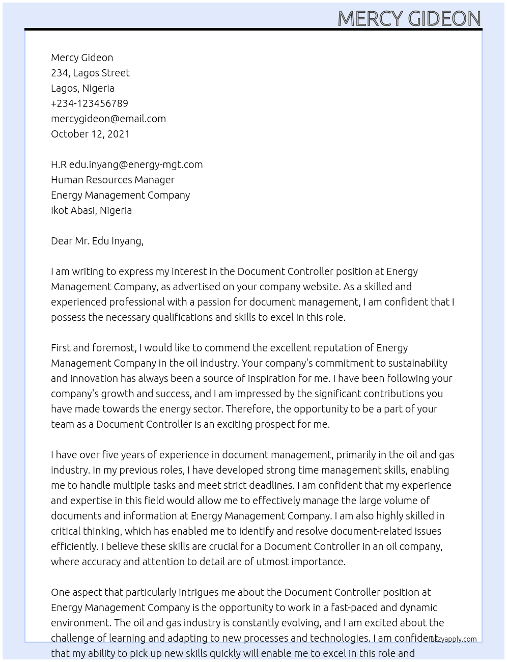 Oil company At Document controller Cover Letter