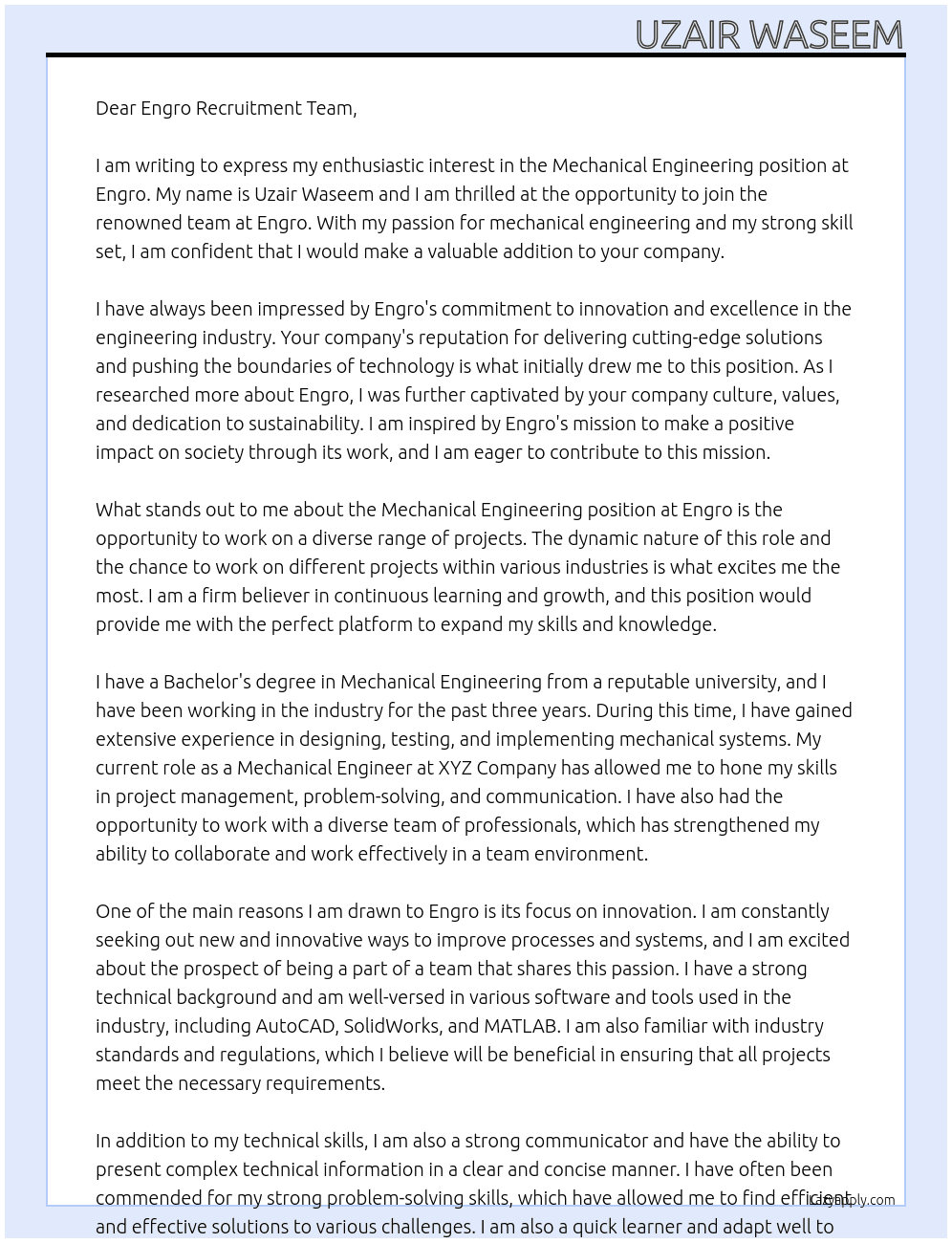 mechanical engineering At engro Cover Letter