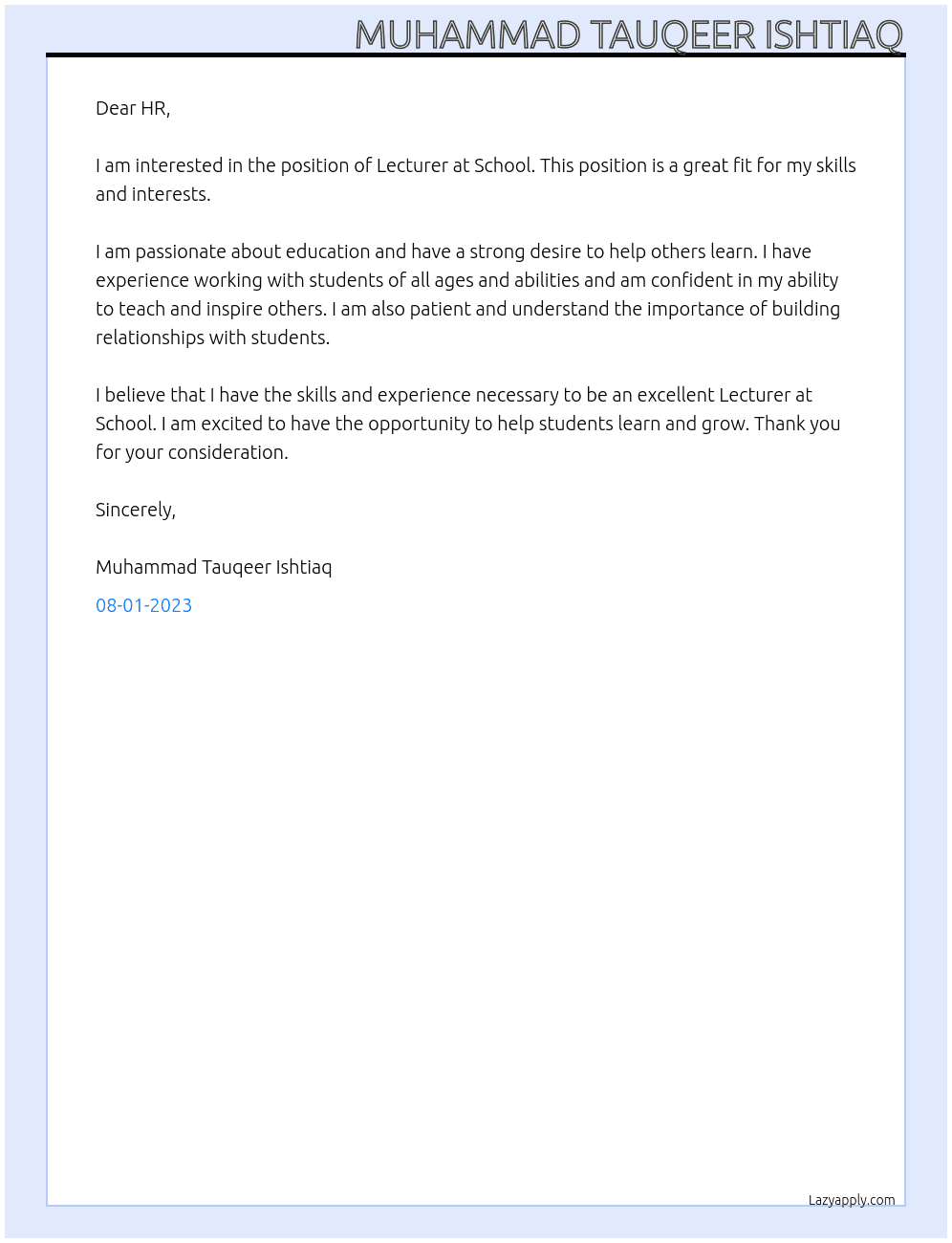 Lecturer At School Cover Letter