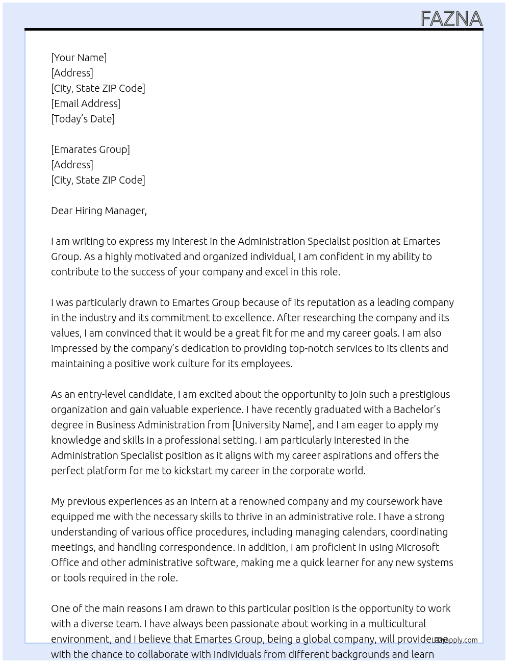 admistration speacialist At emarates Cover Letter