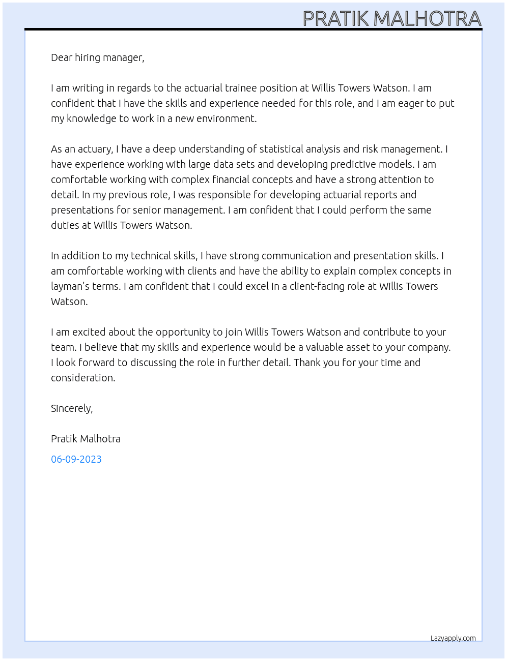 Actuarial Trainee At Willis Towers Watson Cover Letter
