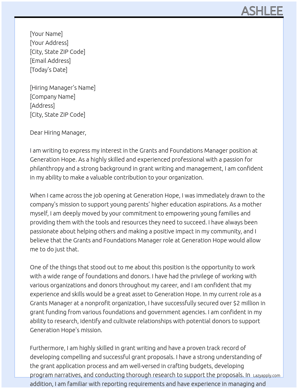 Grants and Foundations Manager At Generation Hope Cover Letter
