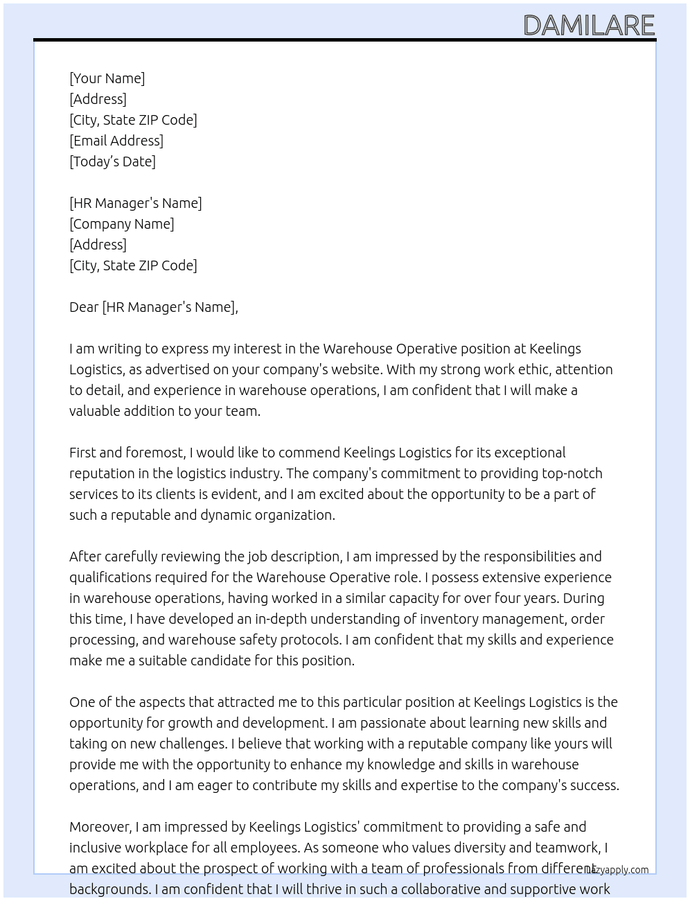 warehouse operative At Keelings logistics Cover Letter