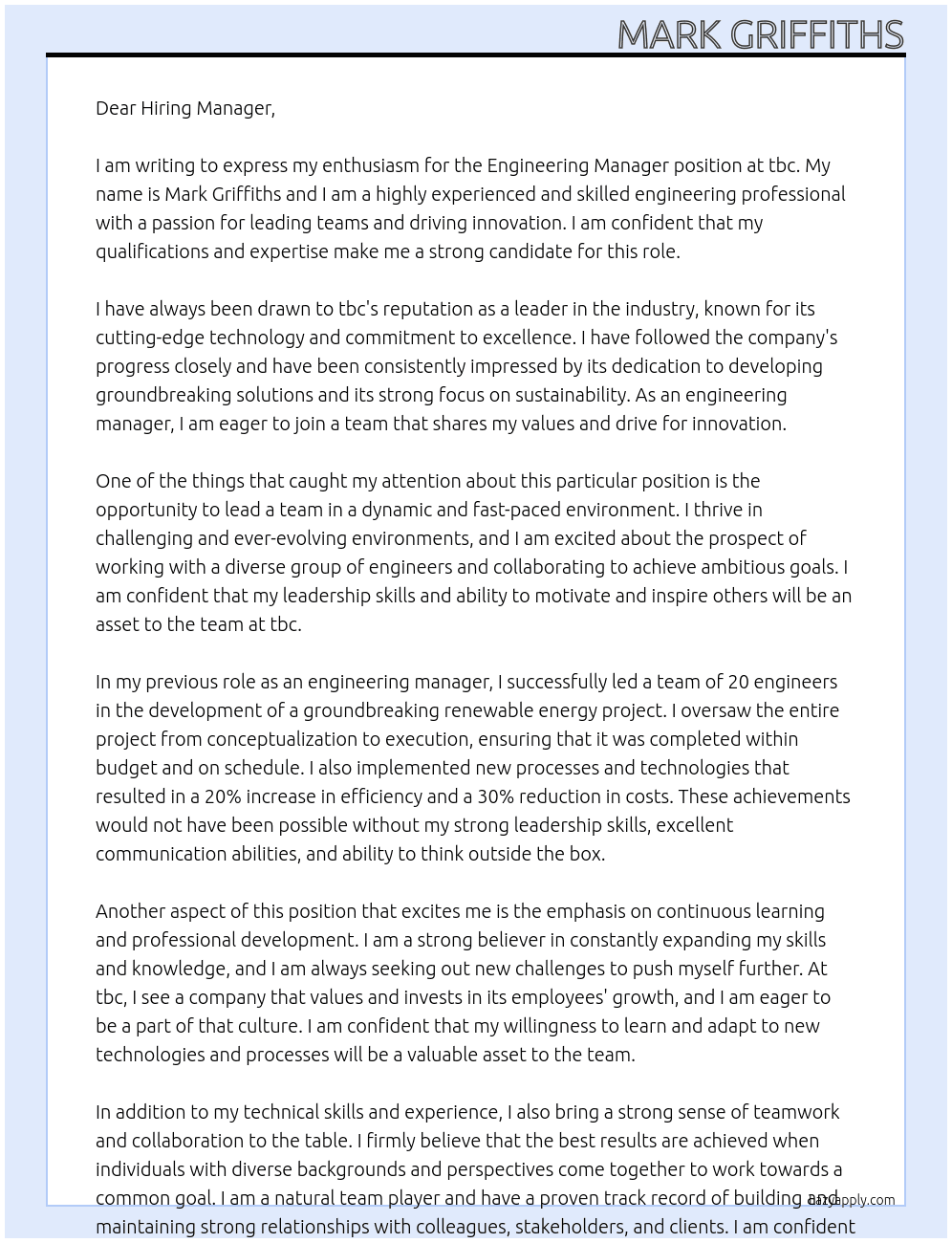 Engineering Manager At tbc Cover Letter
