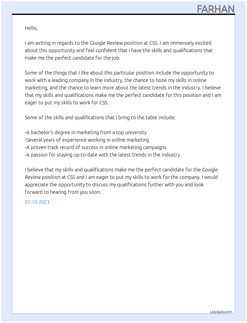 Google Review At CSS Cover Letter