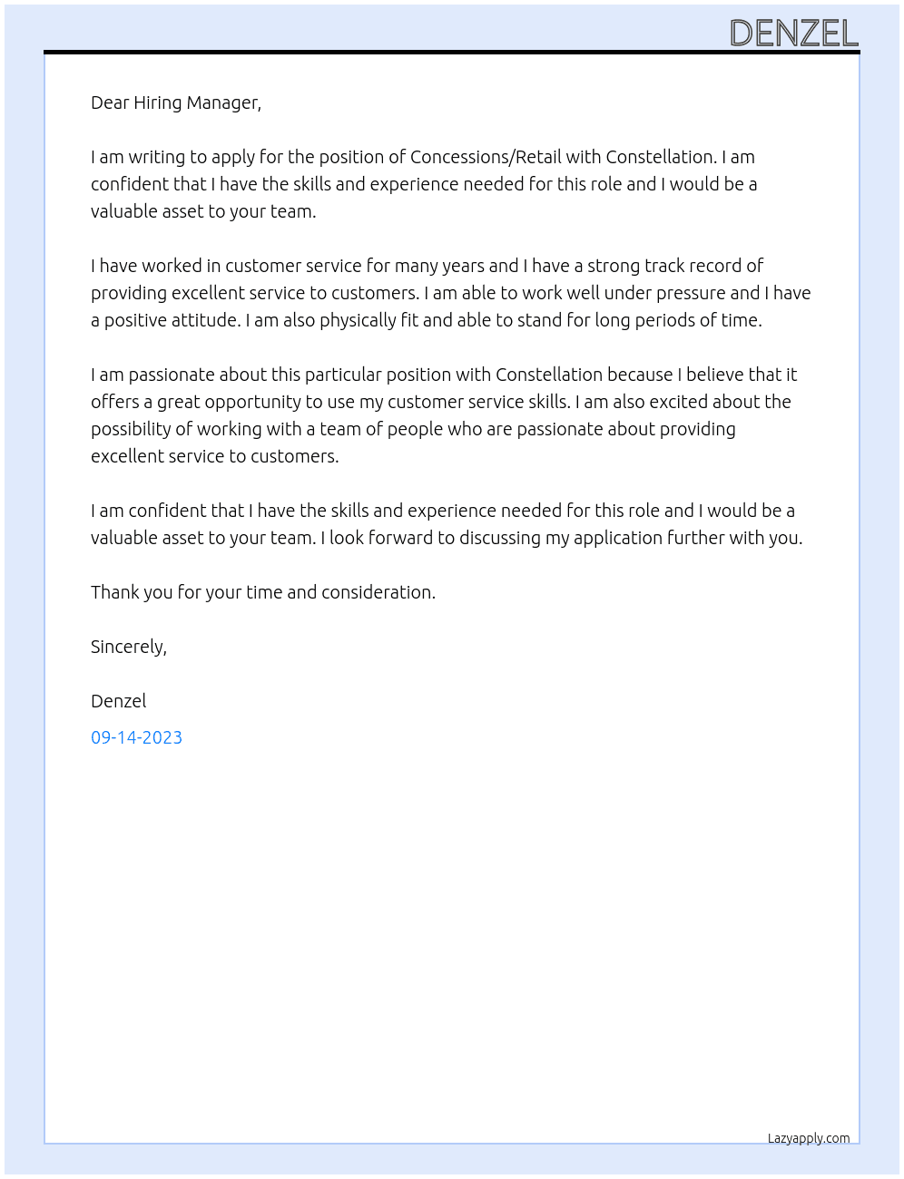  Concessions/Retail At Constellation Cover Letter