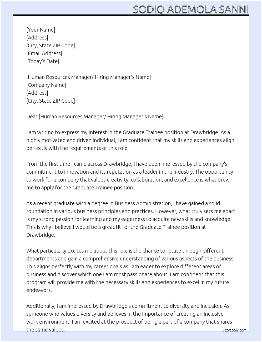 Graduate Trainee At Drawbridge Cover Letter