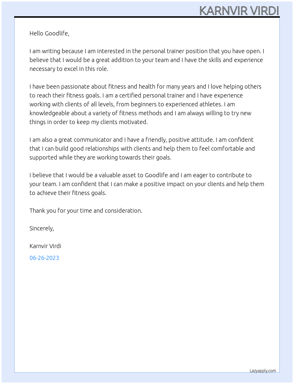 Personal Trainer  At Goodlife Cover Letter
