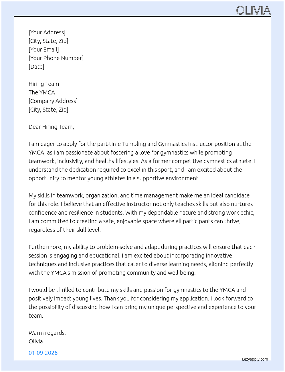Tumbling and Gymnastics Instructor At the YMCA Cover Letter