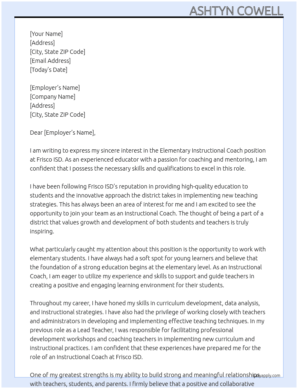 Elementary Instructional Coach At Frisco ISD Cover Letter