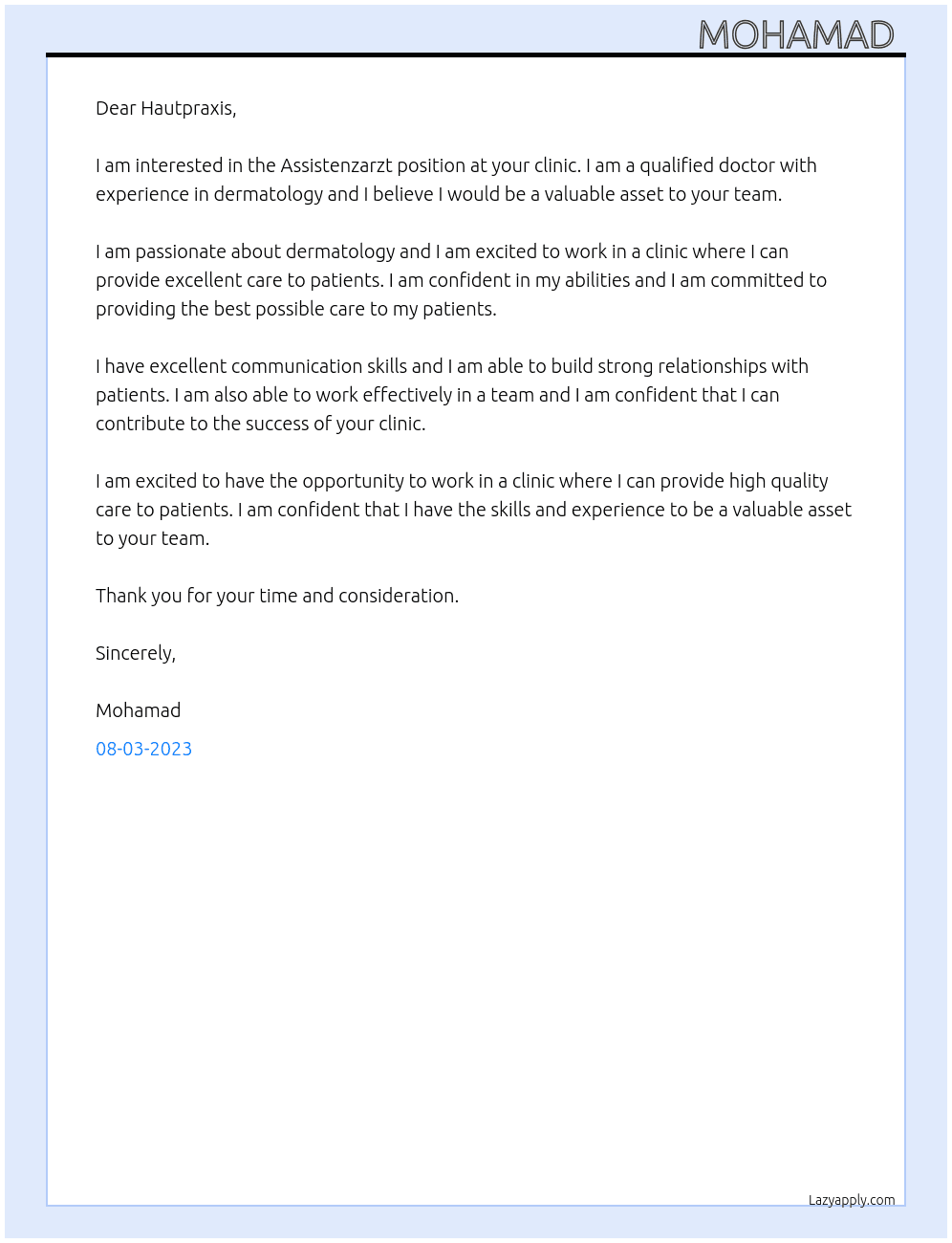 Assistenzarzt  At Hautpraxis  Cover Letter