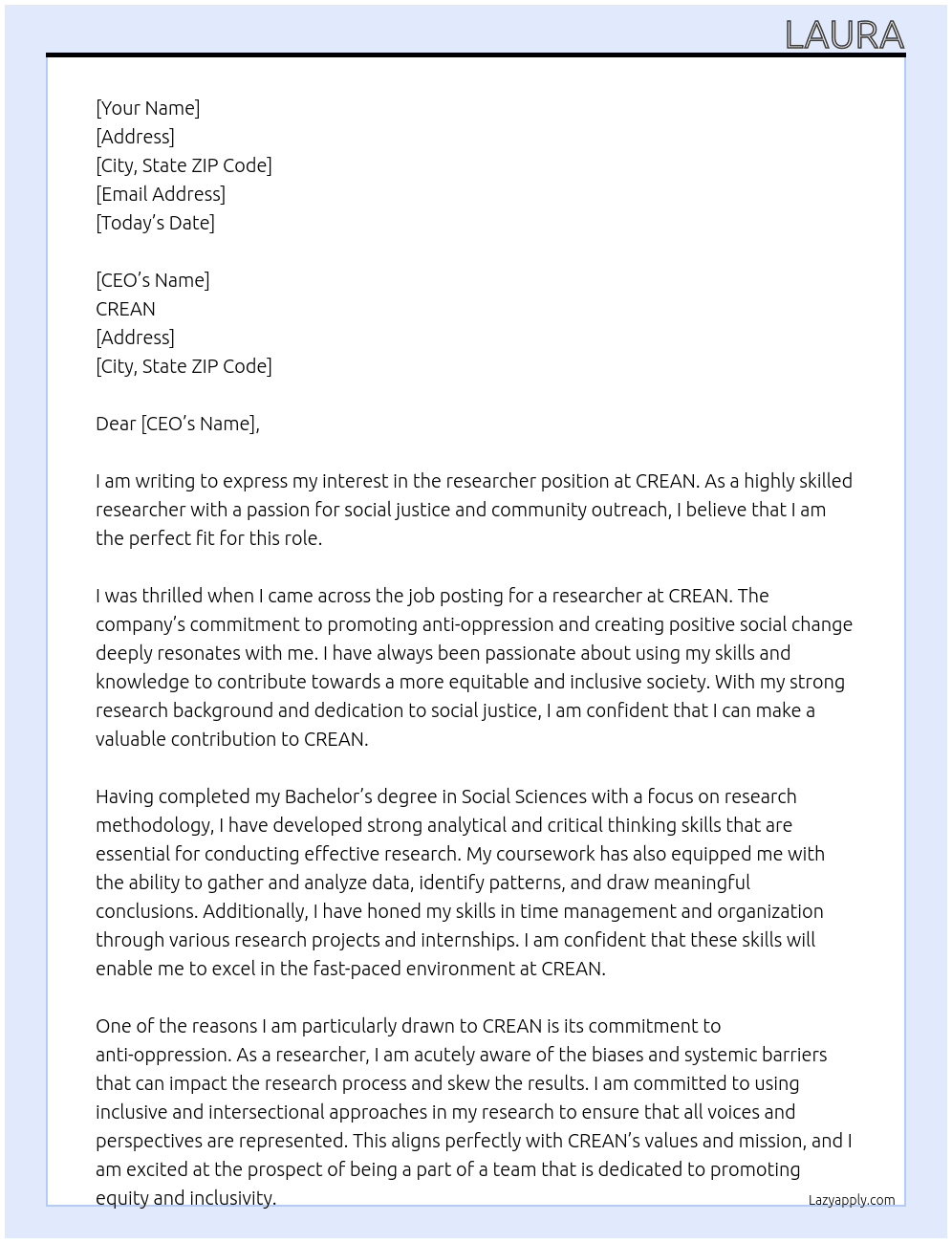 researcher At CREAN Cover Letter