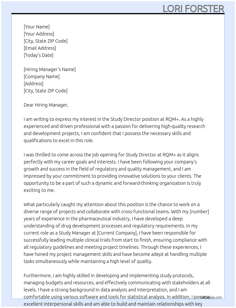 Study Director At RQM+ Cover Letter