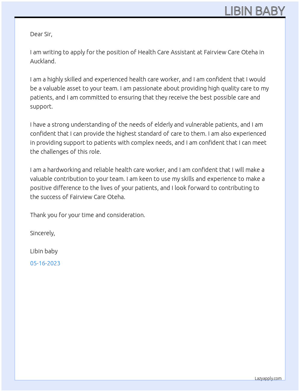 HEALTH CARE ASSISTANT At Fairview Care Oteha,Auckland Cover Letter