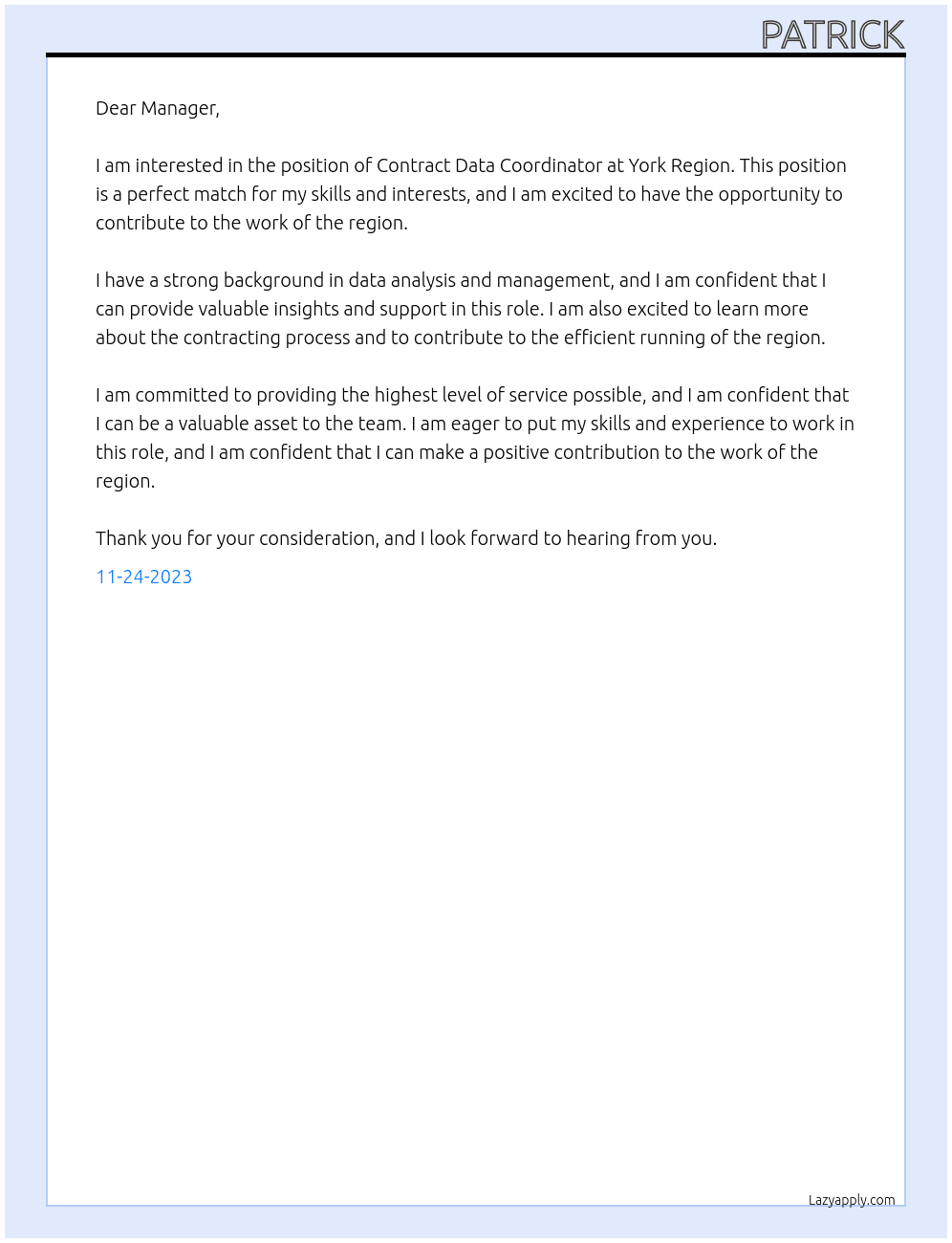 Contract Data Coordinator At York Region Cover Letter