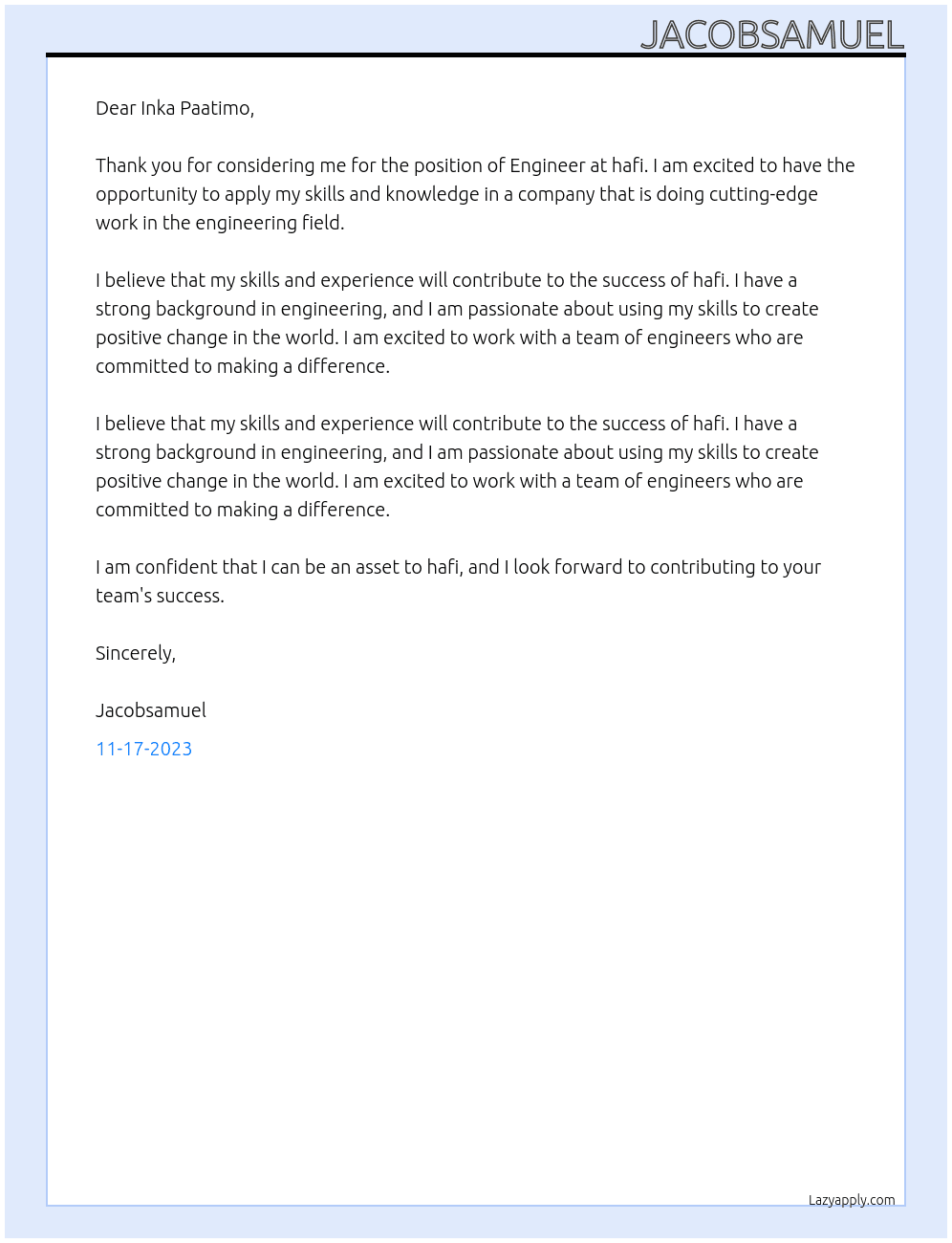 Engineer At hafi Cover Letter