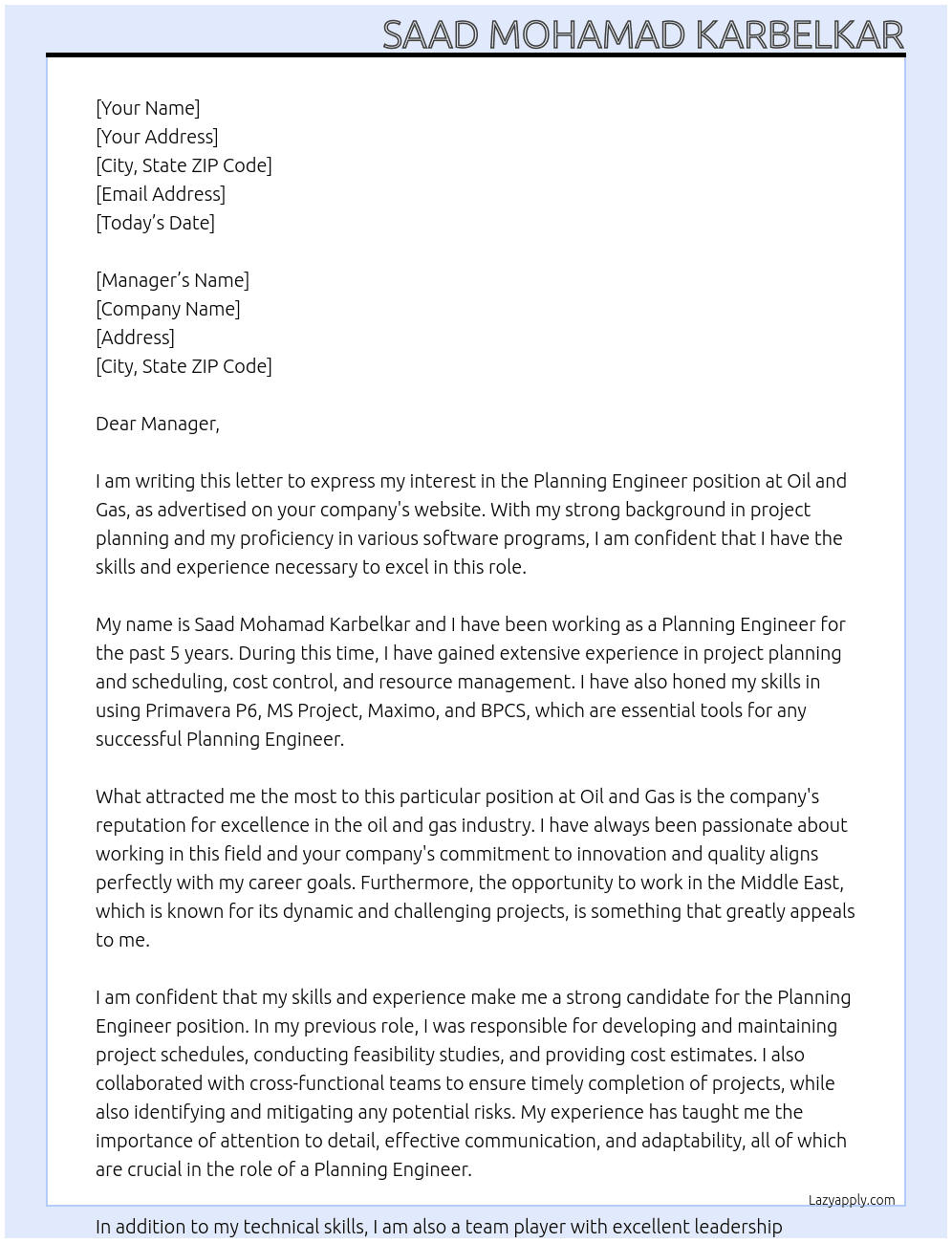 Planning Engineer At Oil and Gas Cover Letter