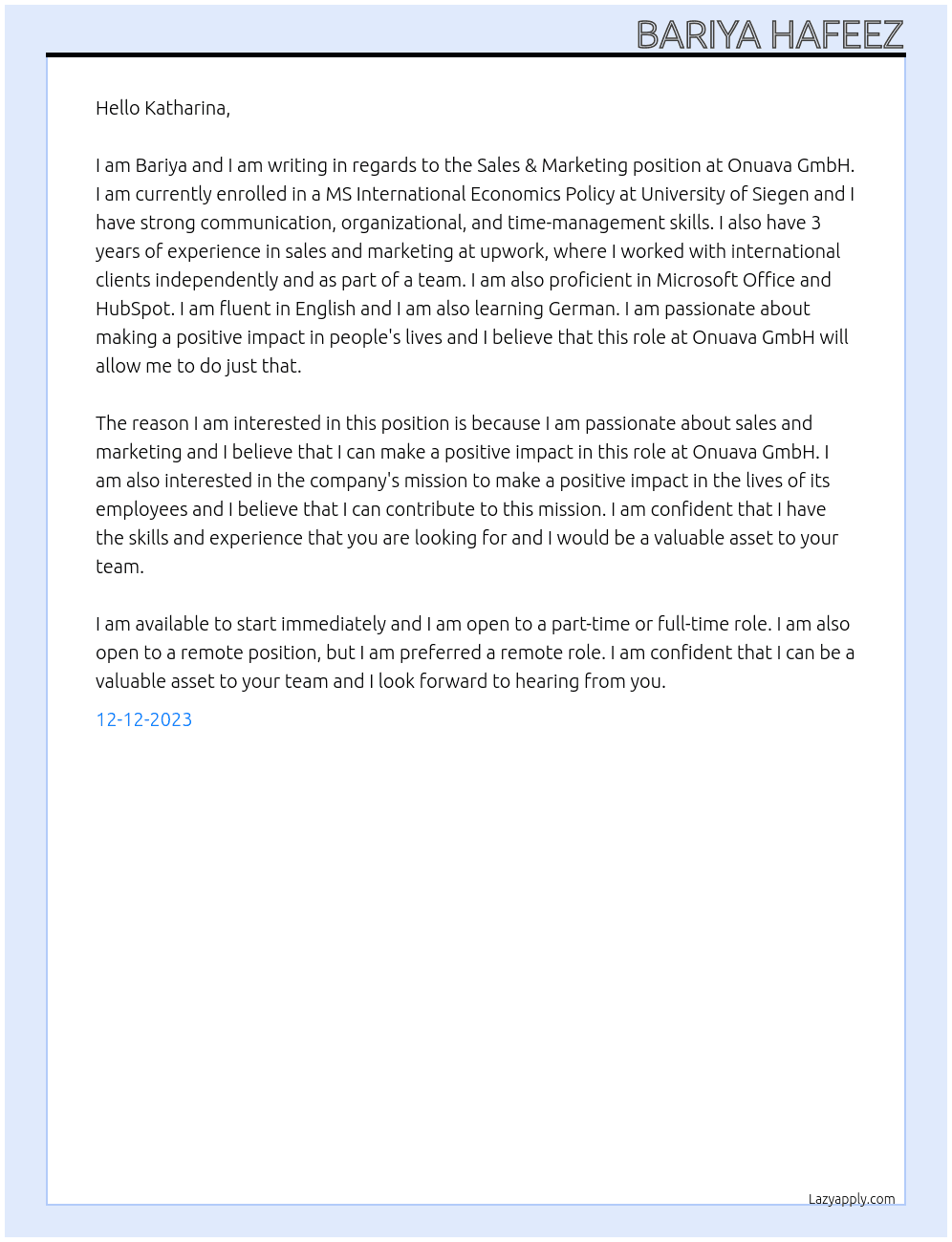 Sales & Marketing At Onuava GmbH Cover Letter