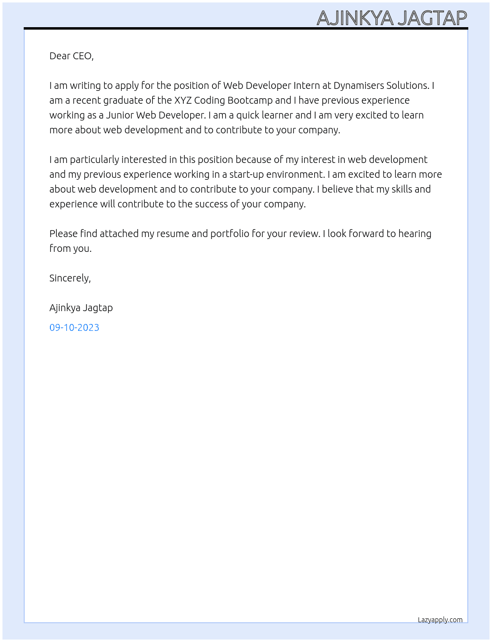 Web Developer Intern At Dynamisers Solutions Cover Letter