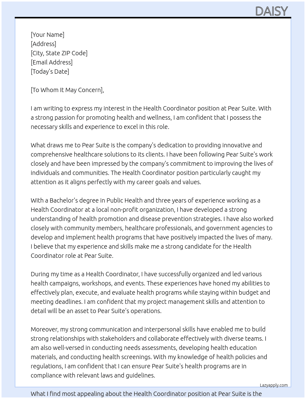 Health coordinator  At Pear suite  Cover Letter