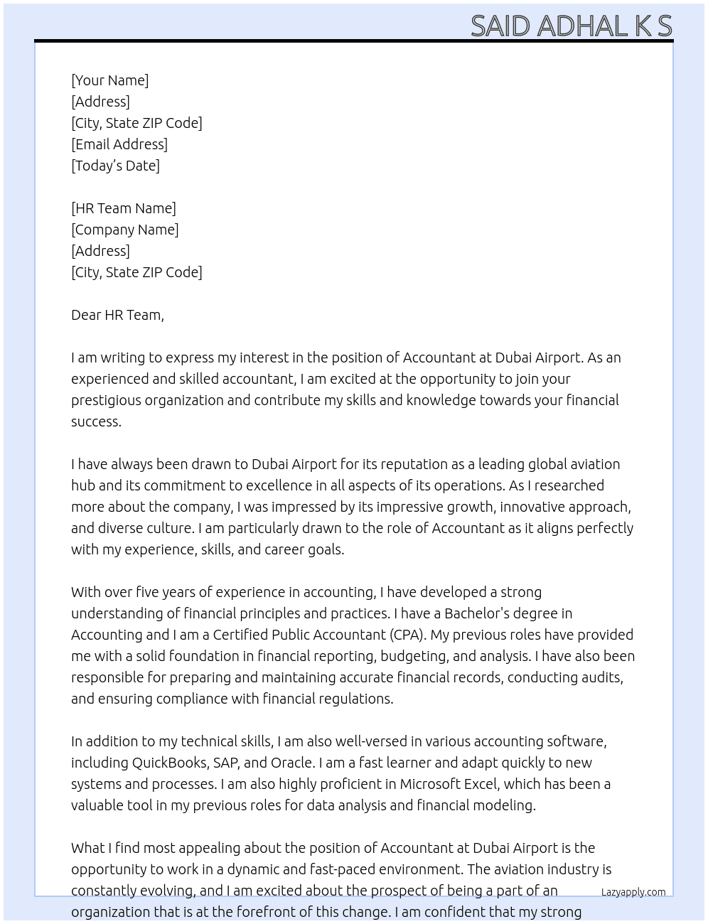 Accountant At Dubai airport  Cover Letter