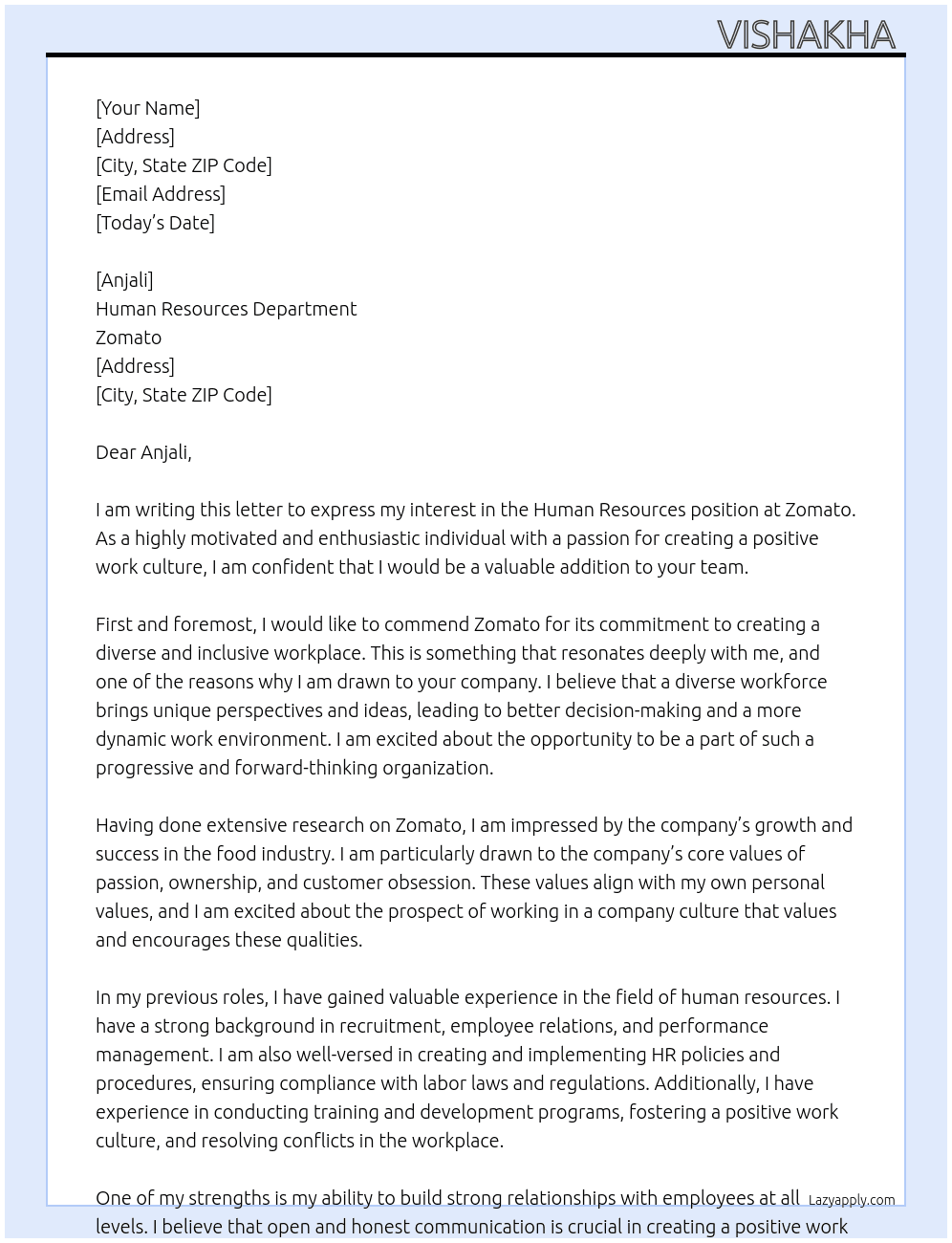 Human Resources At Zomato Cover Letter