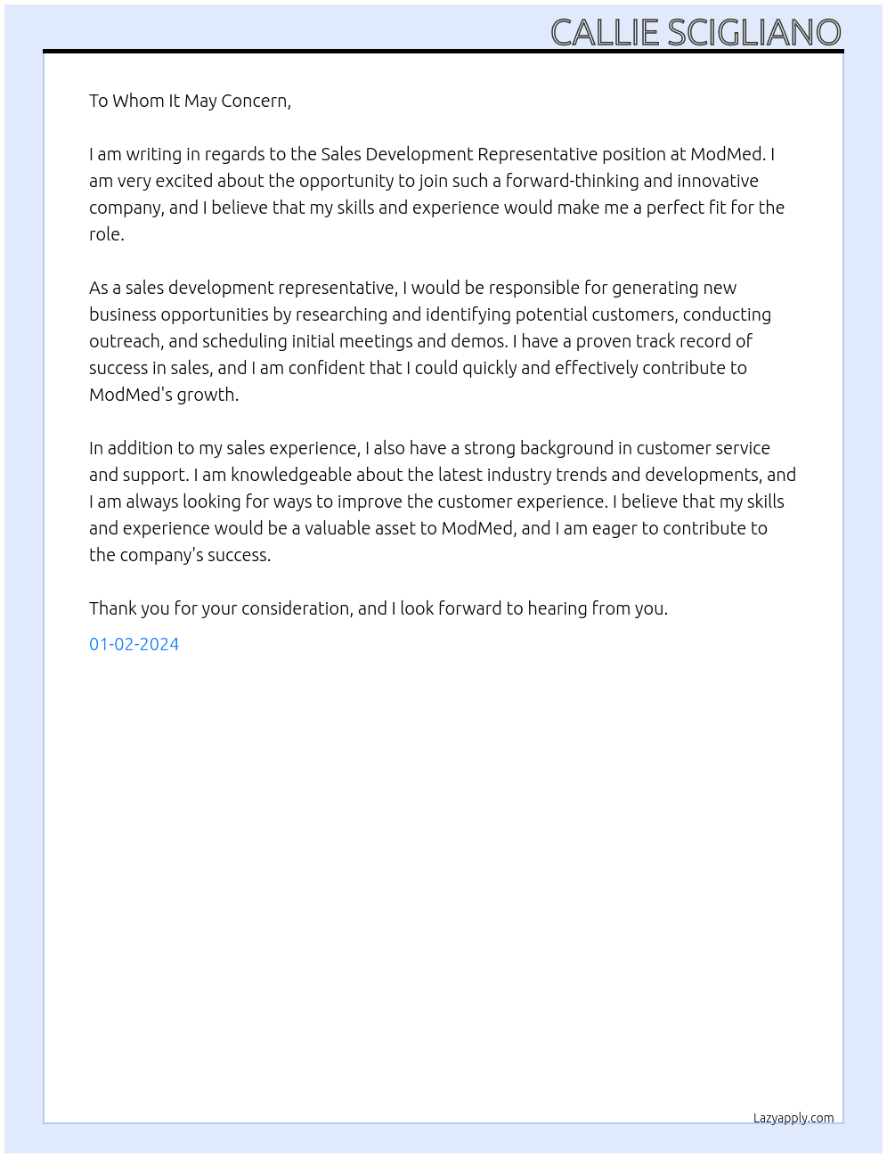 Sales Development Representative  At ModMed Cover Letter