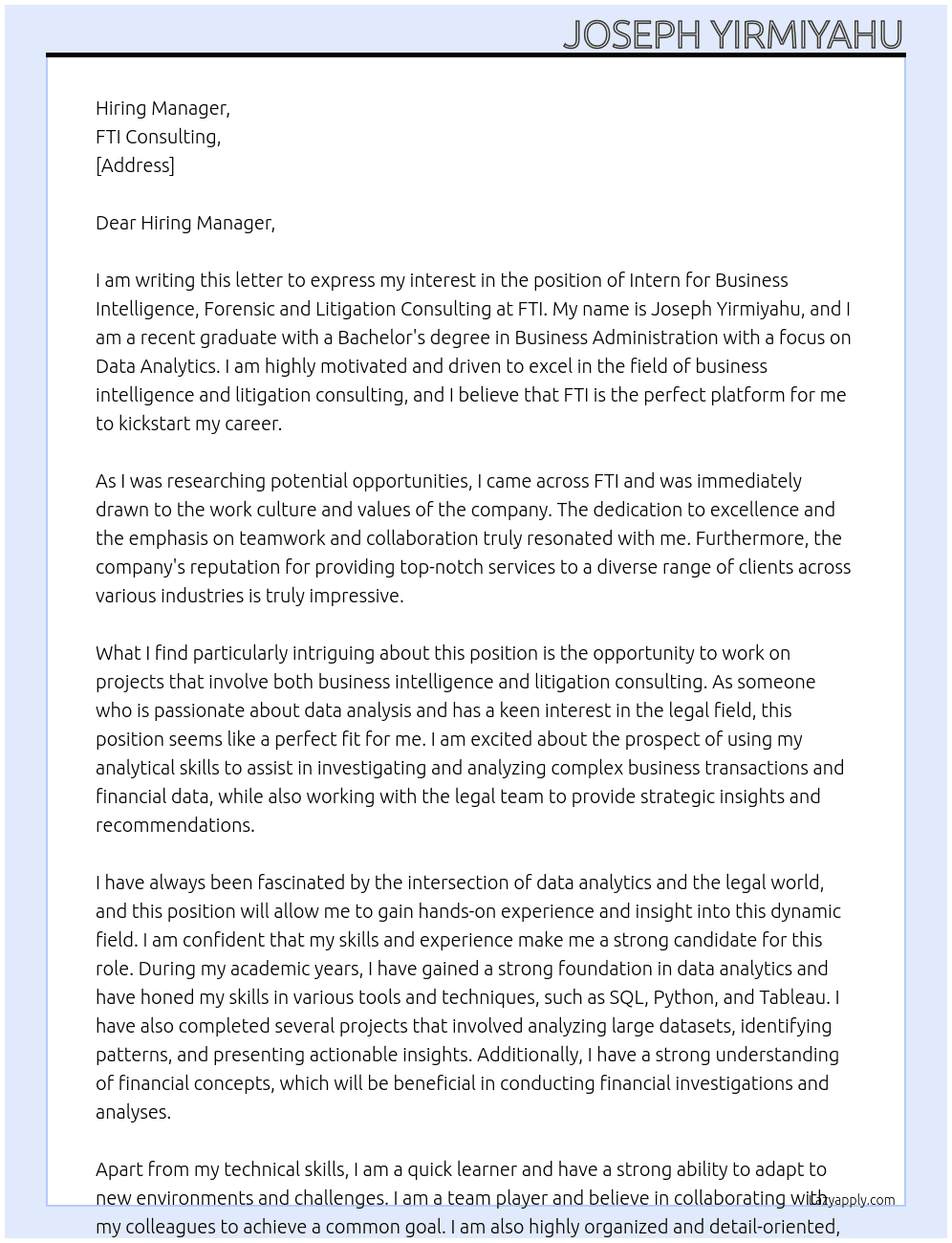 Intern | Business Intelligence, Forensic and Litigation Consulting At FTI Cover Letter