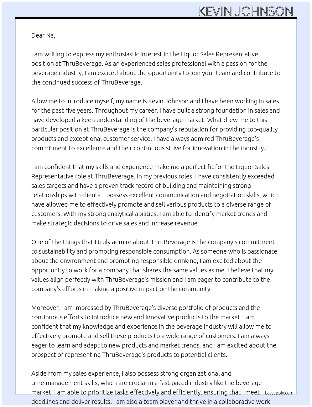 Liquor Sales Representative At ThruBeverage Cover Letter