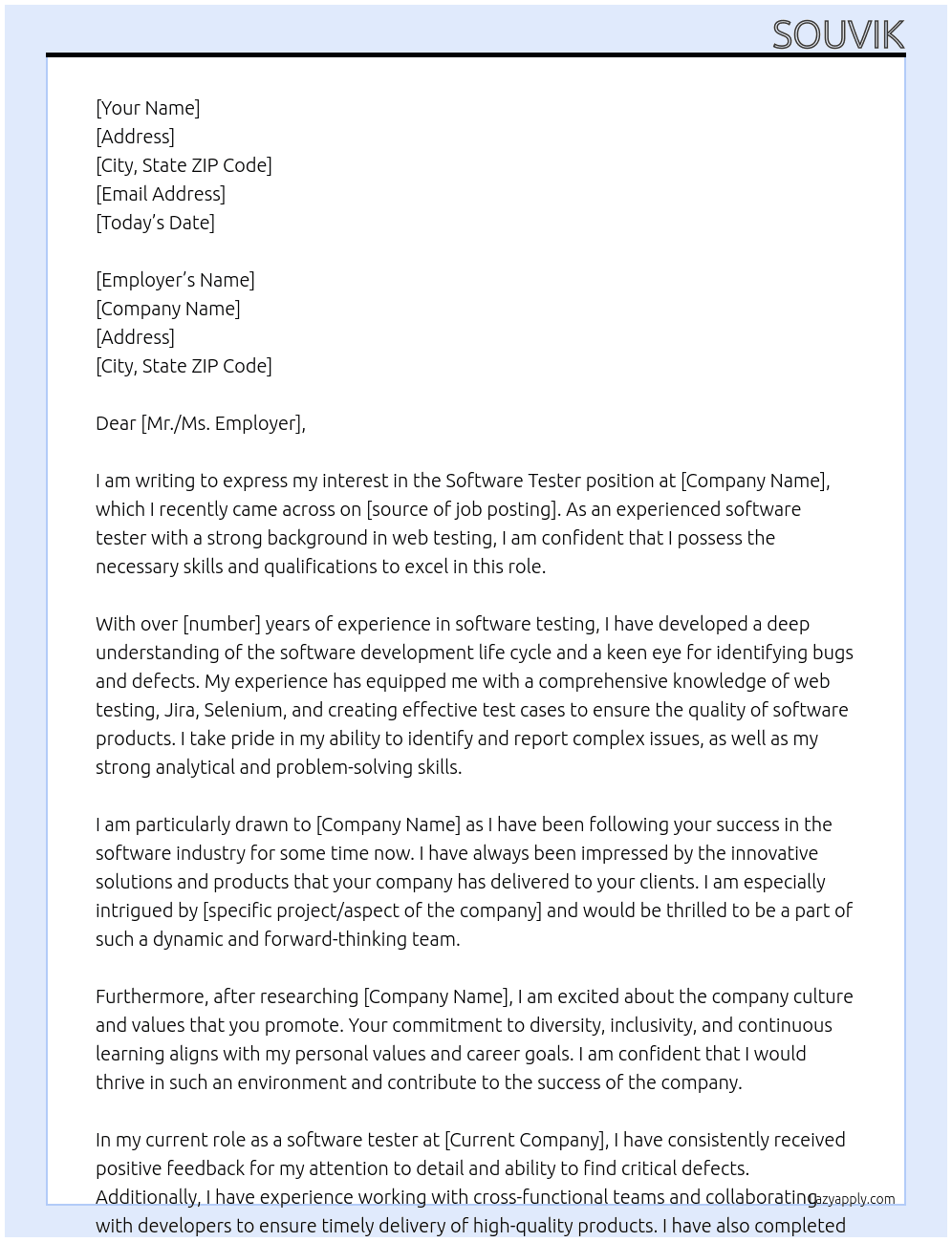 software tester At X Cover Letter