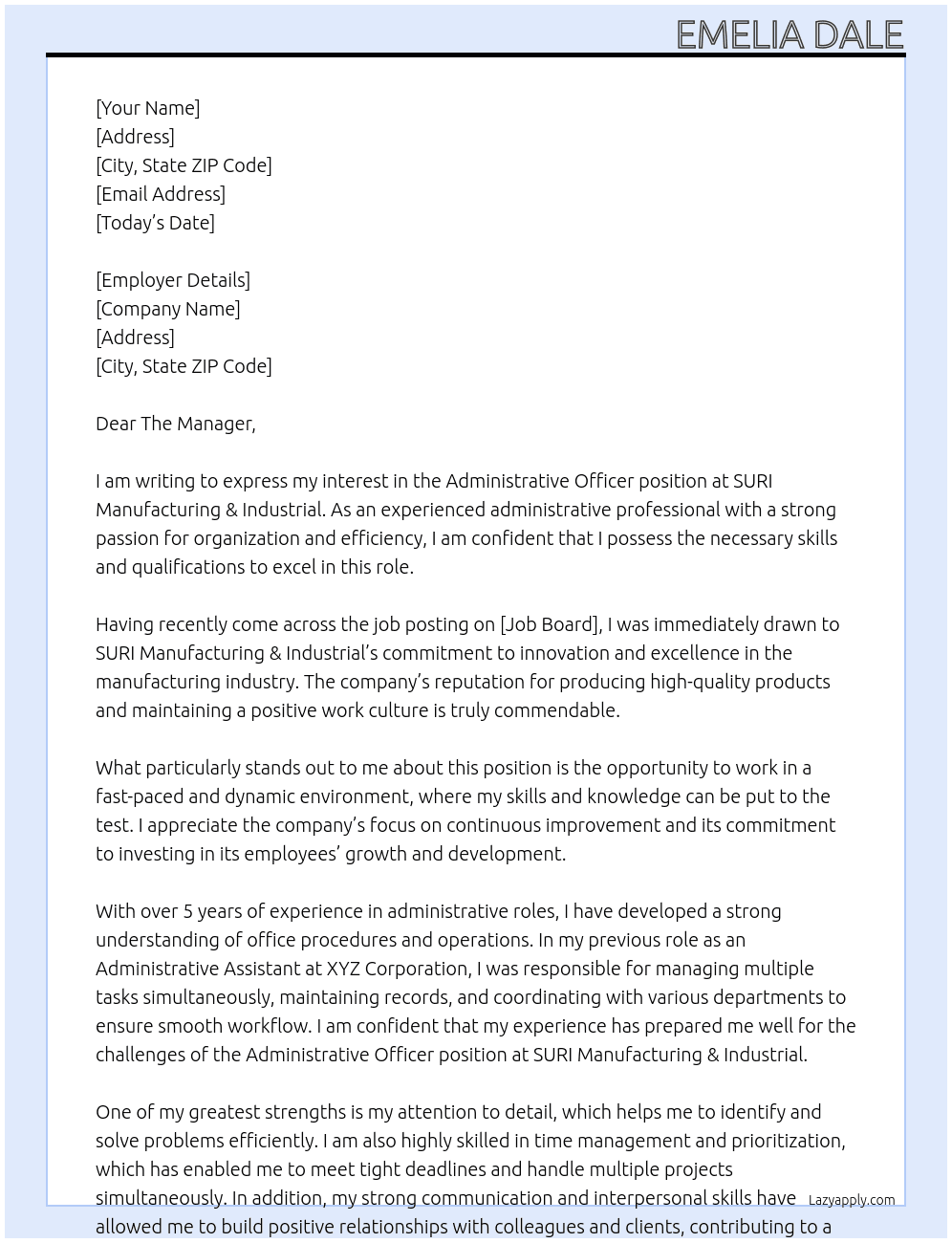 Administrative Officer At  Employer detailsSURI MANUFACTURING & INDUSTRIAL Cover Letter