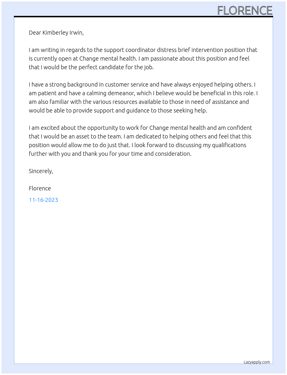 Support coordinator distress brief intervention At Change mental health Cover Letter