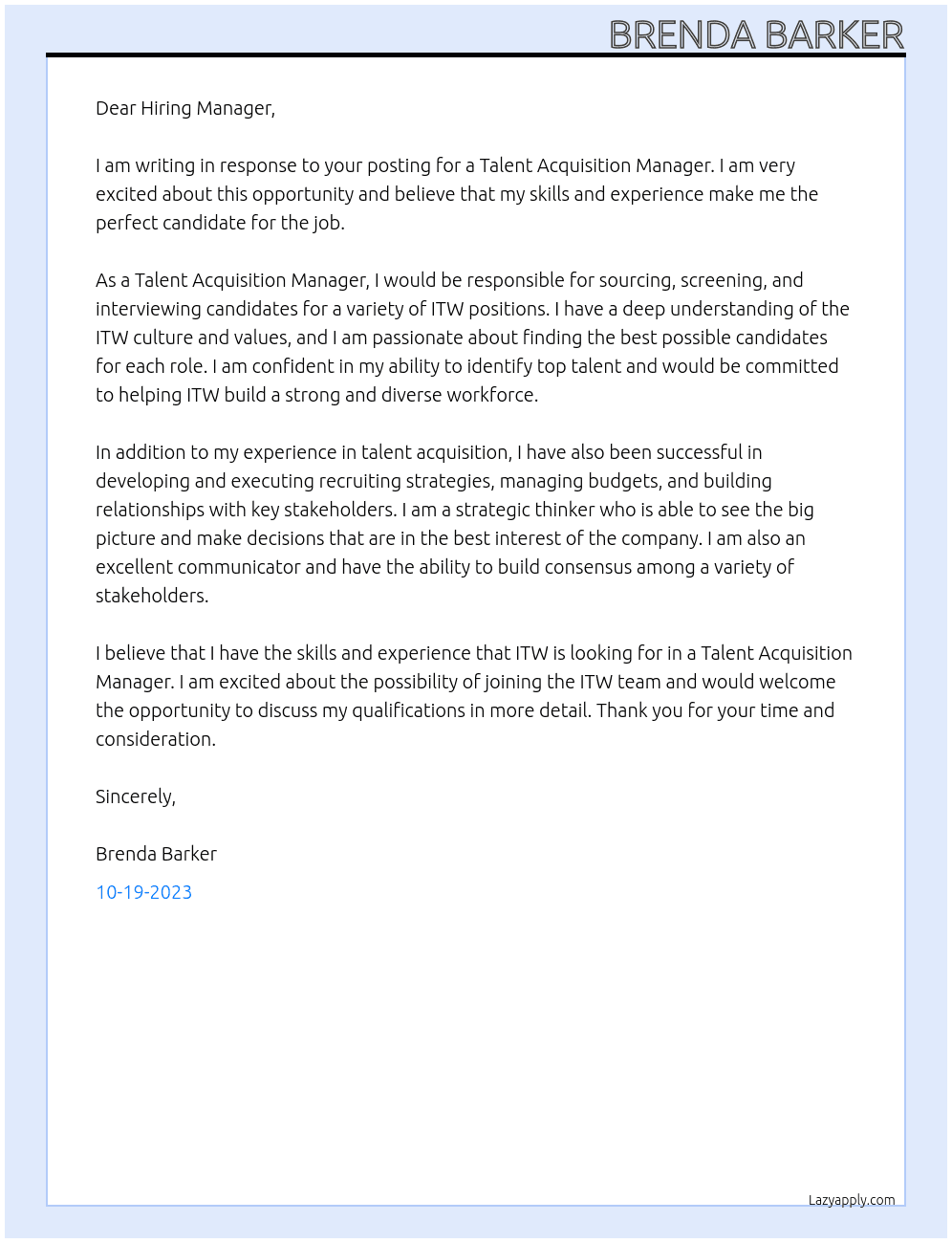 Talent Acquisition Manager At ITW Cover Letter