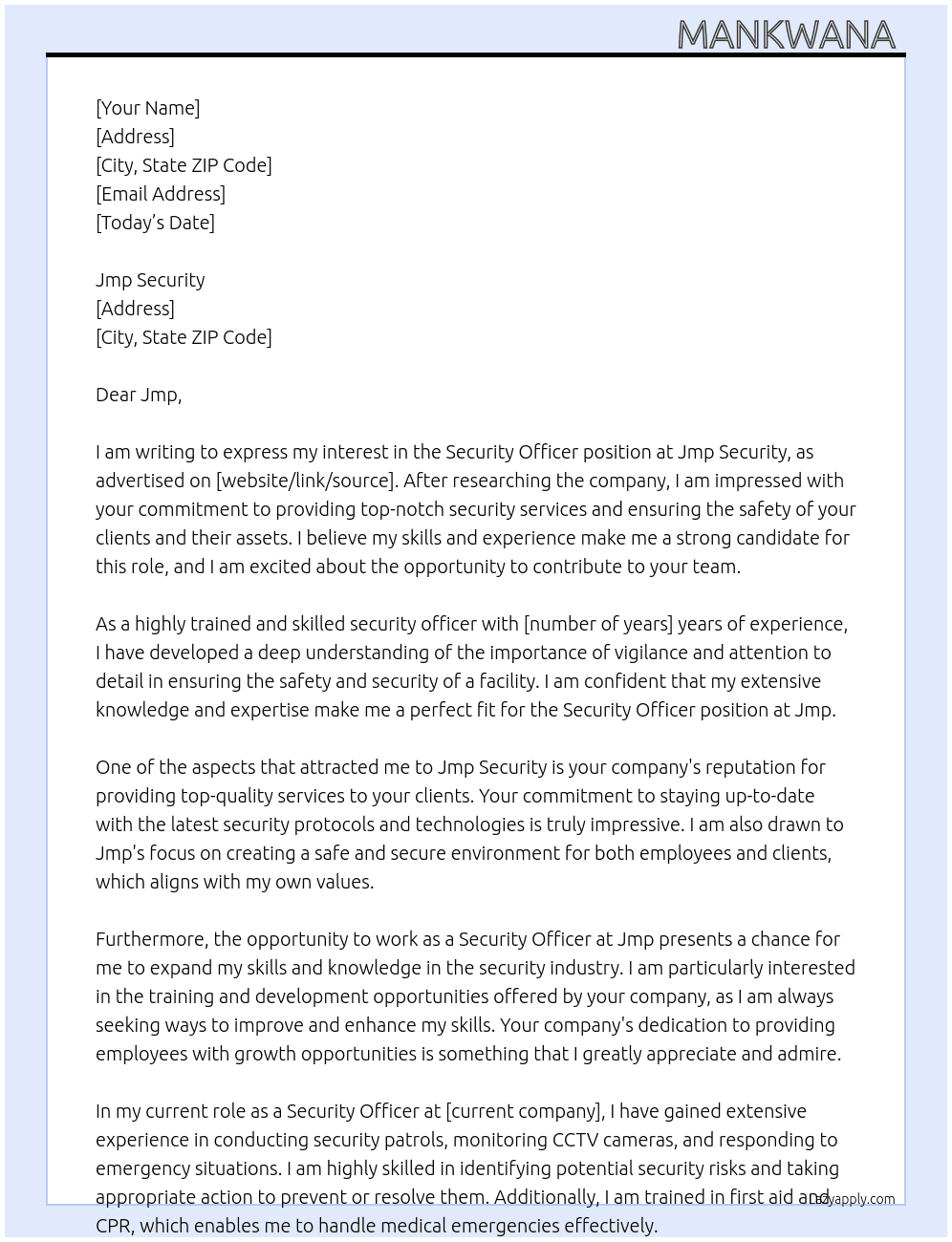 Security officer  At Jmp security  Cover Letter