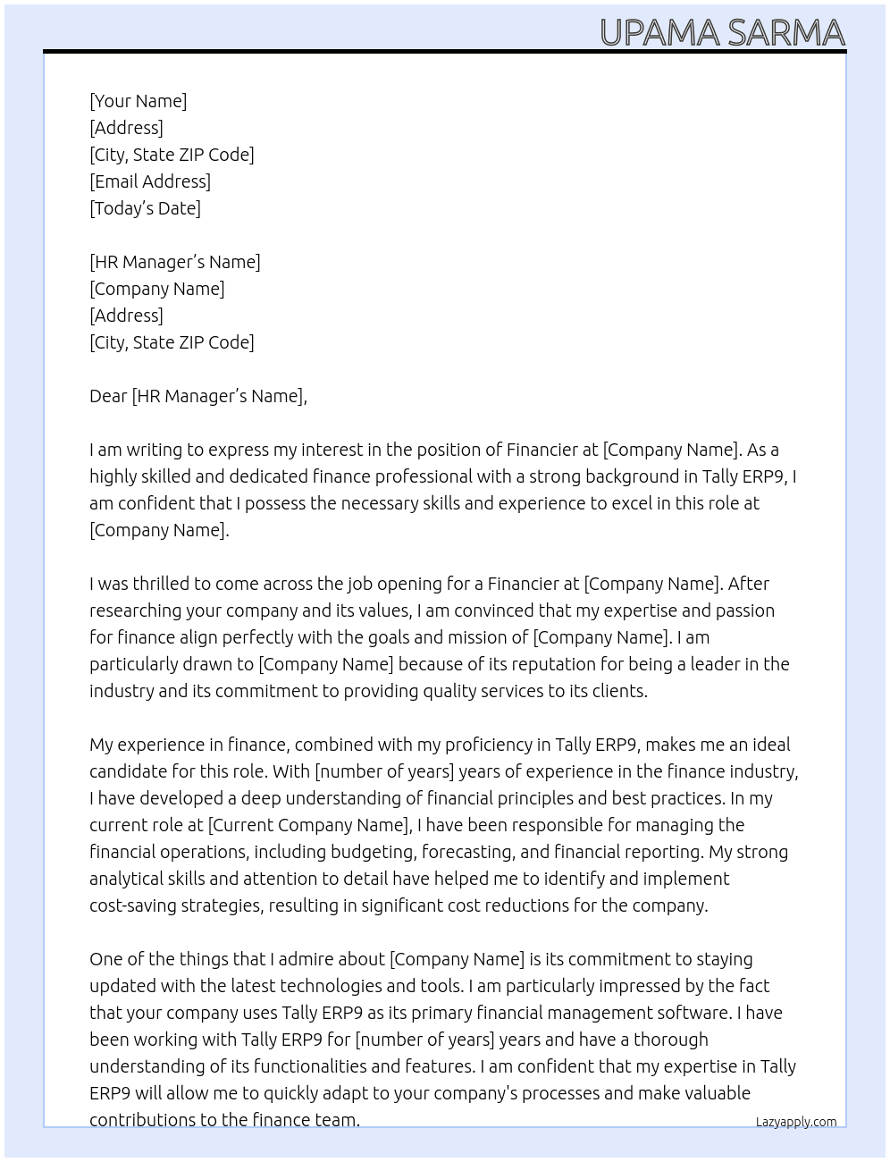 Financier At Volume 9 Cover Letter