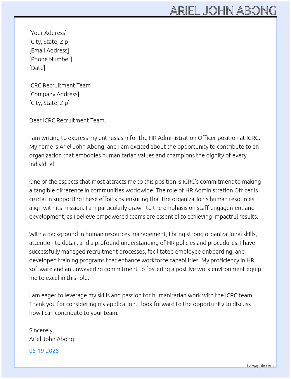 HR Administration Officer At ICRC Cover Letter
