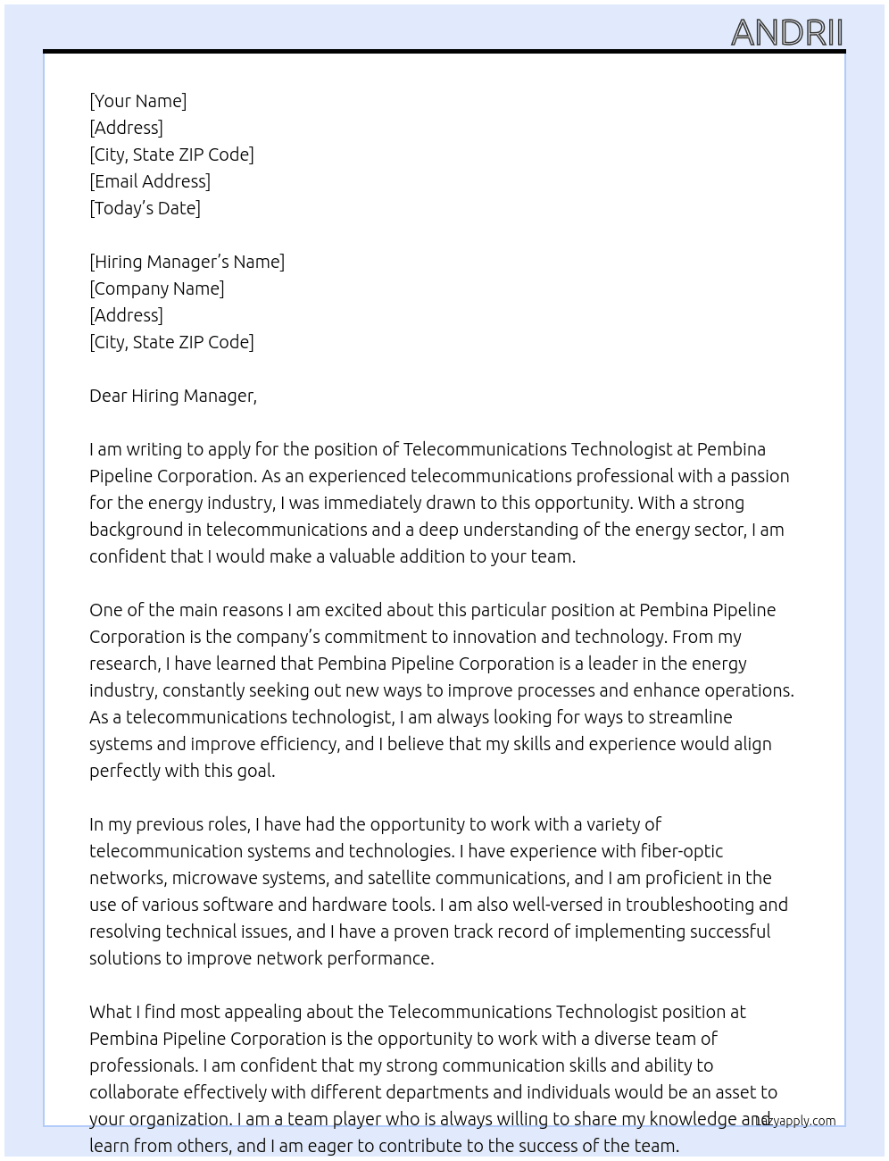Telecommunications Technologist At Pembina Pipeline Corporation Cover Letter