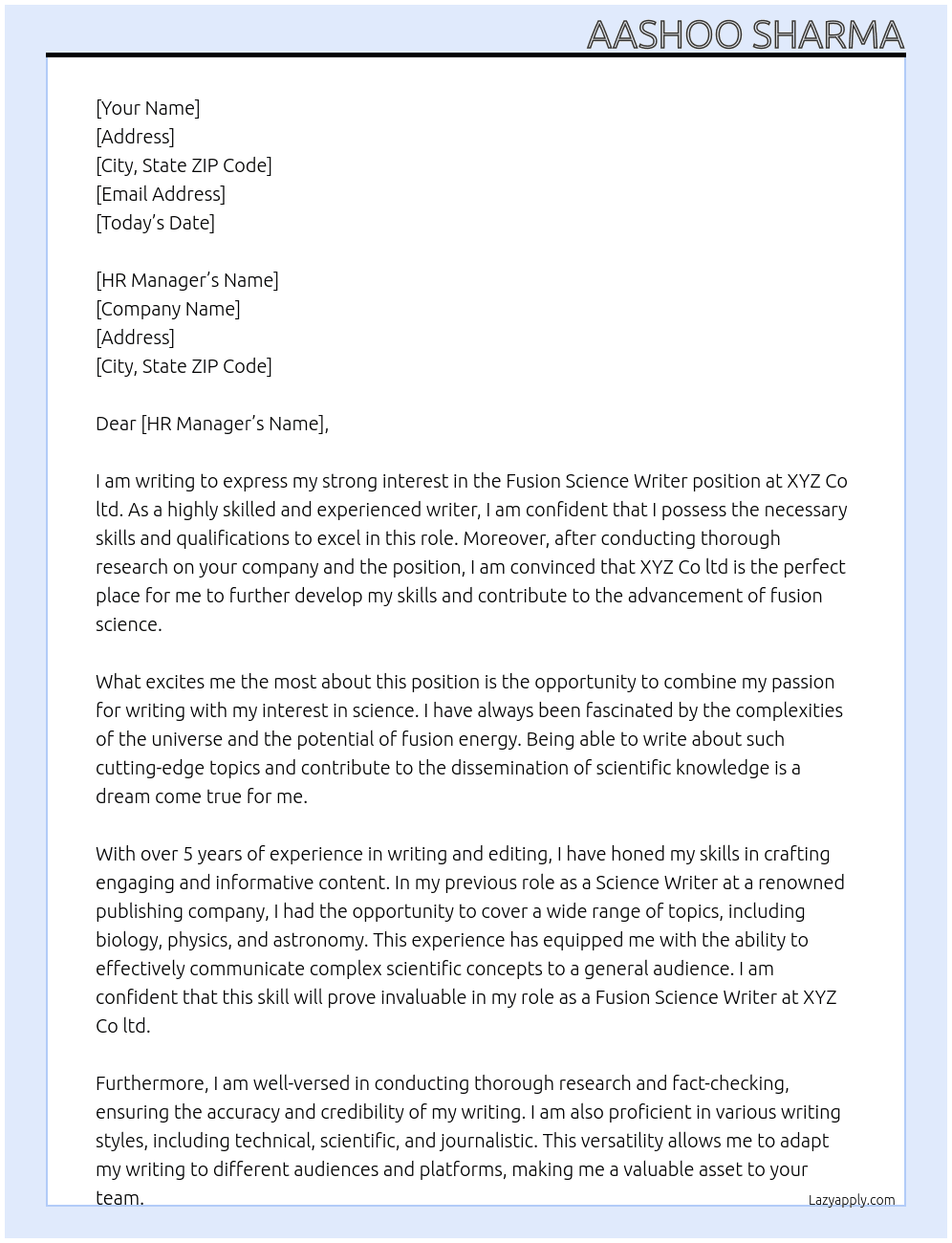 Fusion Science Writer At XYZ Co ltd Cover Letter